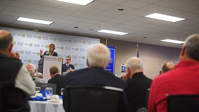 Olga Reuvekamp, who came to the United States in 2006 from the Netherlands and operates Hilltop Dairy in Elkton, S.D., with her family, speaks during a Sioux Falls Downtown Rotary meeting Monday, Jan. 30, 2017, at the Holiday Inn City Centre in downtown Sioux Falls. 