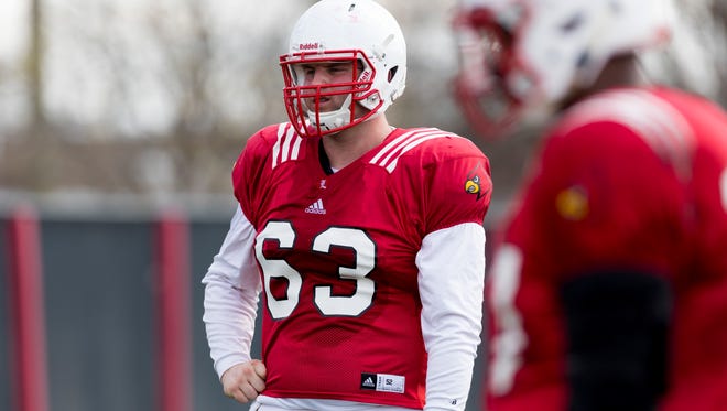 Louisville Cardinals center Nathan Scheler during a spring practice with the offensive line.