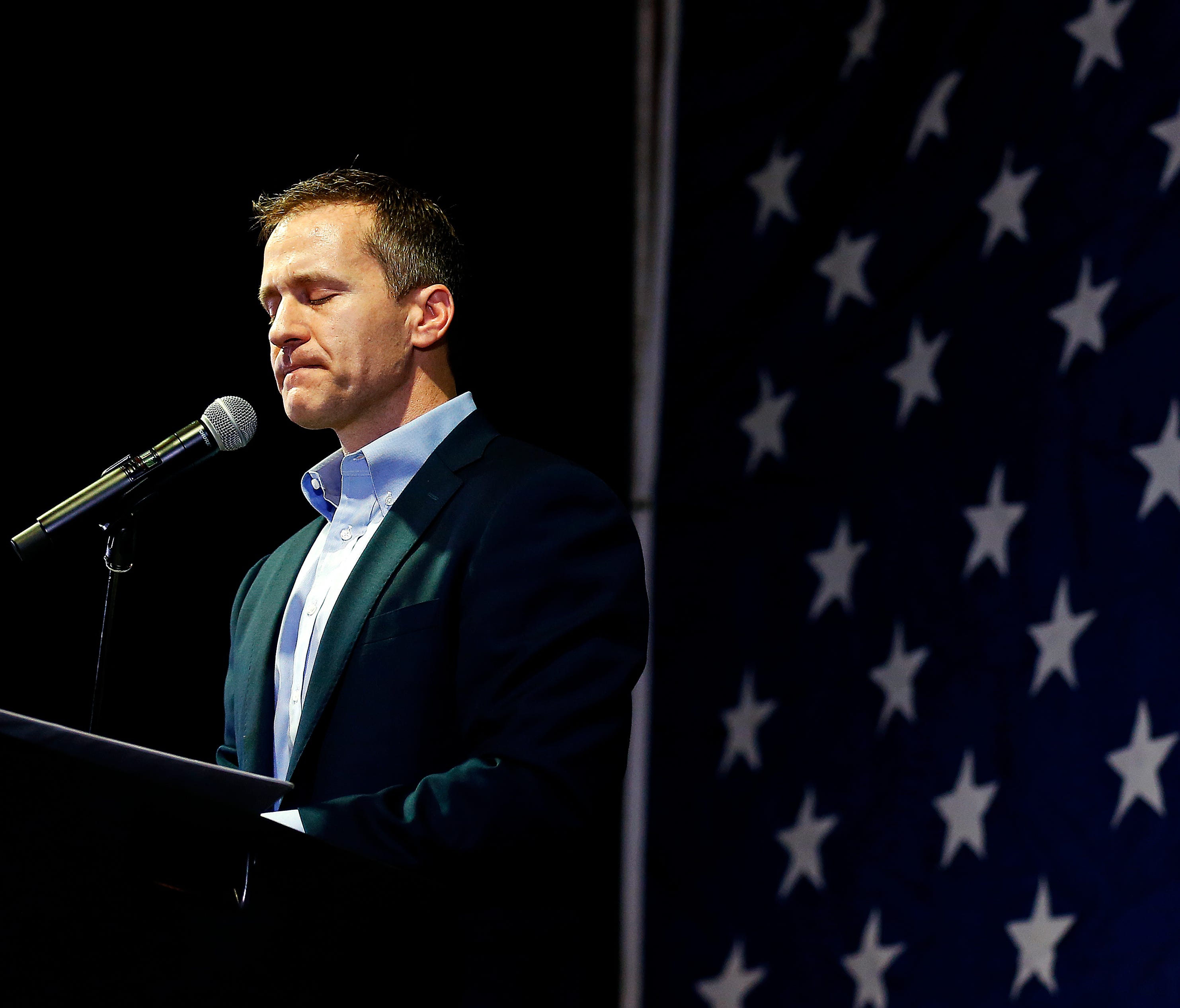 Missouri Gov. Eric Greitens addresses attendees to his meet and greet event as part of Lincoln Days at the University Plaza Hotel in Springfield, Mo. on Feb. 25, 2017.