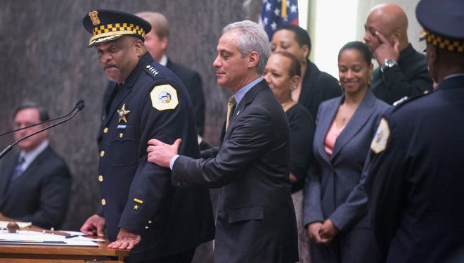 New Chicago Police Superintendent Eddie Johnson and Mayor Rahm Emanuel in April 2016.
