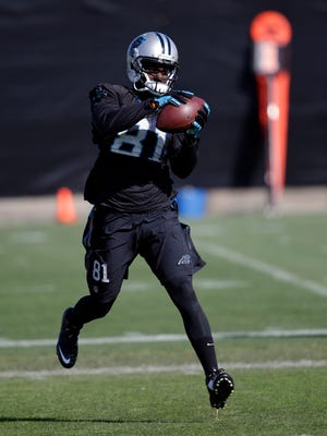 Carolina Panthers wide receiver Kevin Norwood (81) during a practice in preparation for the Super Bowl 50 football game Thursday Feb. 4, 2016 in San Jose, Calif. (AP Photo/Marcio Jose Sanchez) 