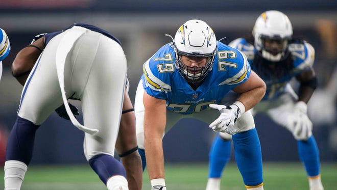 The Lions are counting on free-agent addition Kenny Wiggins, shown here with the San Diego Chargers in 2017, to start at left guard this fall.