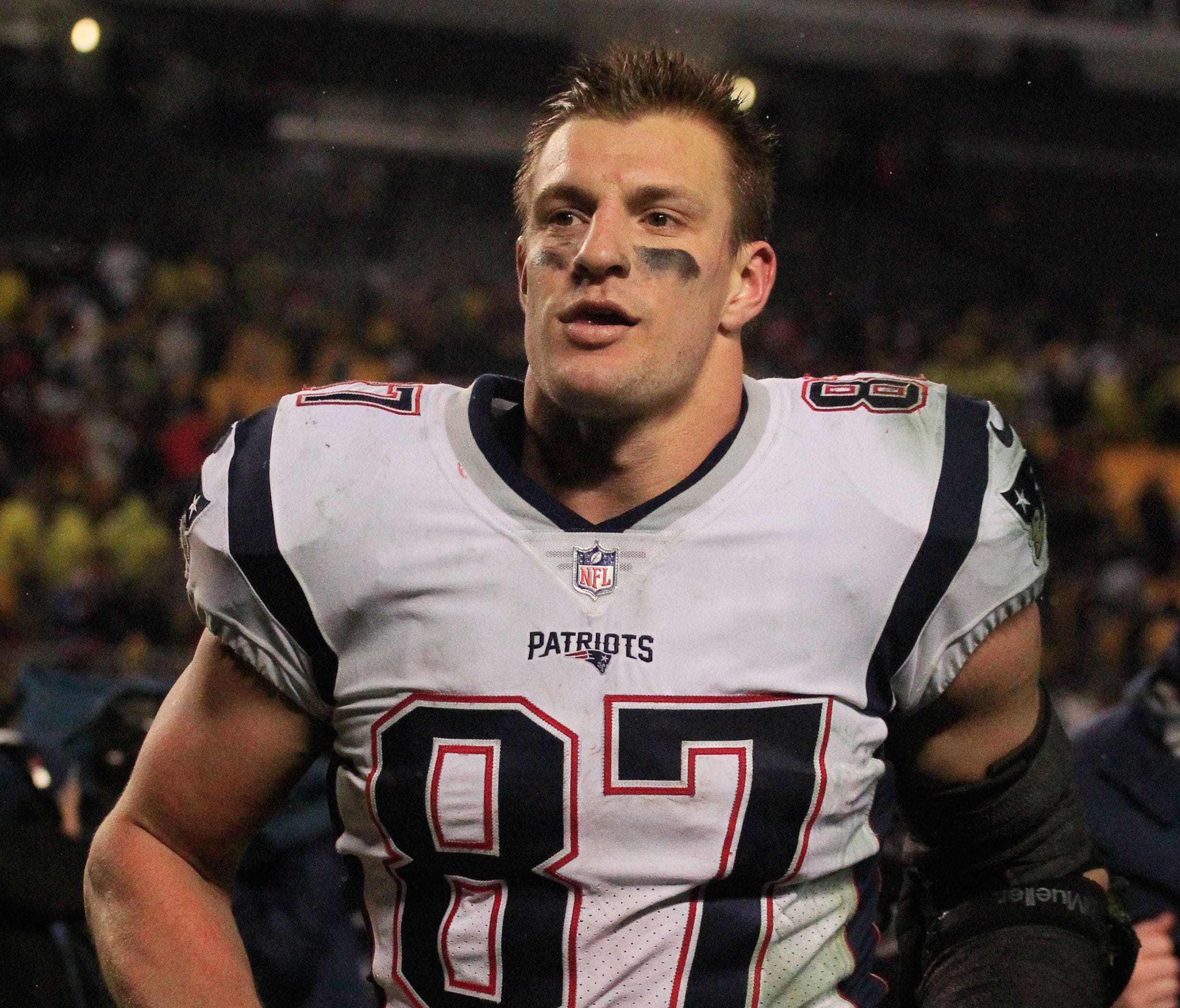 New England Patriots tight end Rob Gronkowski (87) leaves the field after defeating the Pittsburgh Steelers at Heinz Field.