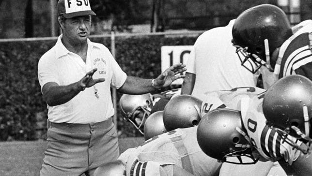 Florida State coach Bobby Bowden works with the Seminoles offensive line during his early years in Tallahassee.