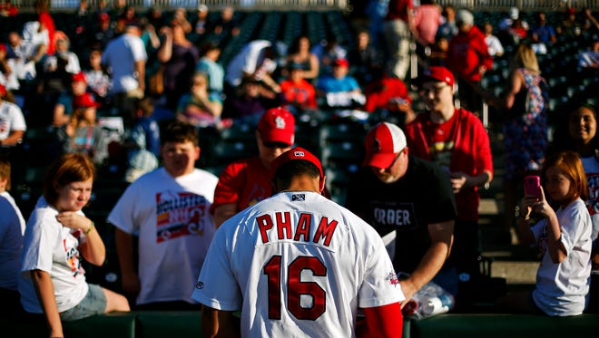 Springfield Cardinals outfielder Tommy Pham (16) signs autographs for fans prior to the start of a Texas League Minor League Baseball game between the Springfield Cardinals and the Northwest Arkansas Naturals at Hammons Field in Springfield, Mo. on May 12, 2016.