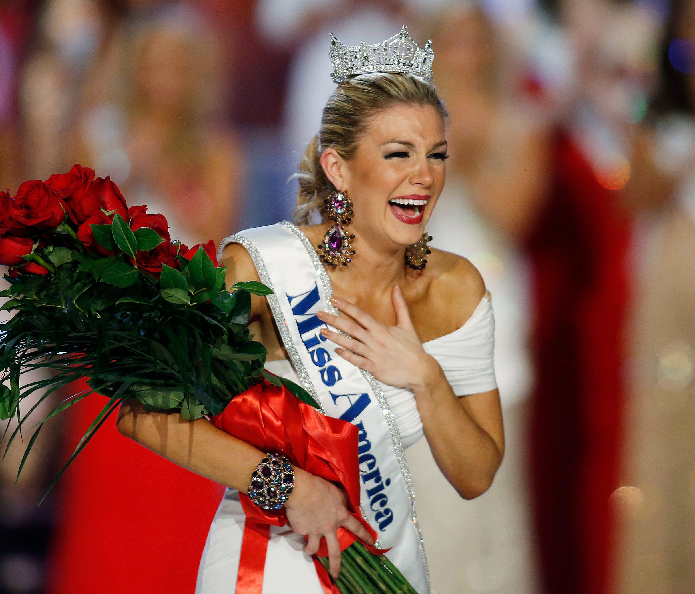 Miss New York Mallory Hagan reacts as she is crowned Miss America 2013 in Las Vegas.