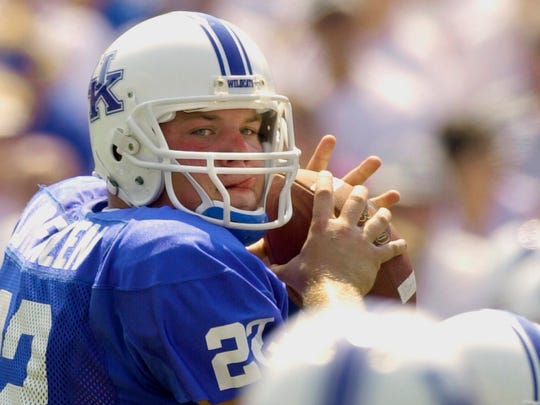 In this Sept. 7, 2002, file photo, Kentucky quarterback Jared Lorenzen looks downfield for a receiver during the first half of the team's NCAA college football game against UTEP in Lexington, Ky.