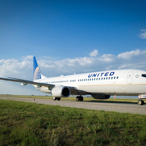 A United jet taxing to the runway.