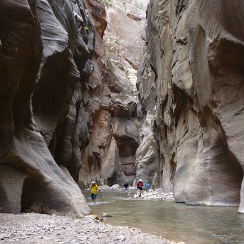 Hikers navigate water and rocks in The Narrows. NP