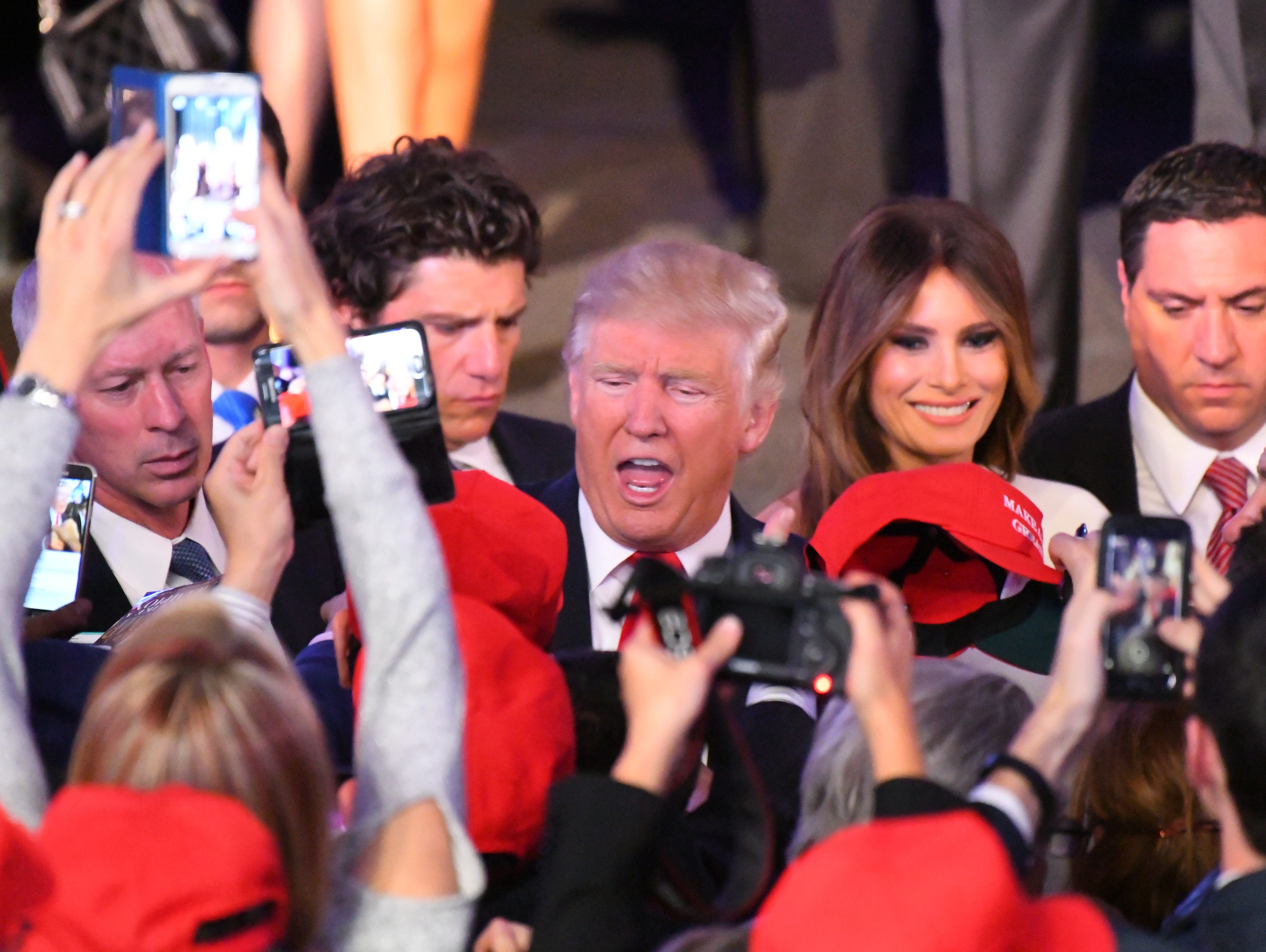 President-elect Donald Trump greets supporters at New York Hilton Midtown on election night.