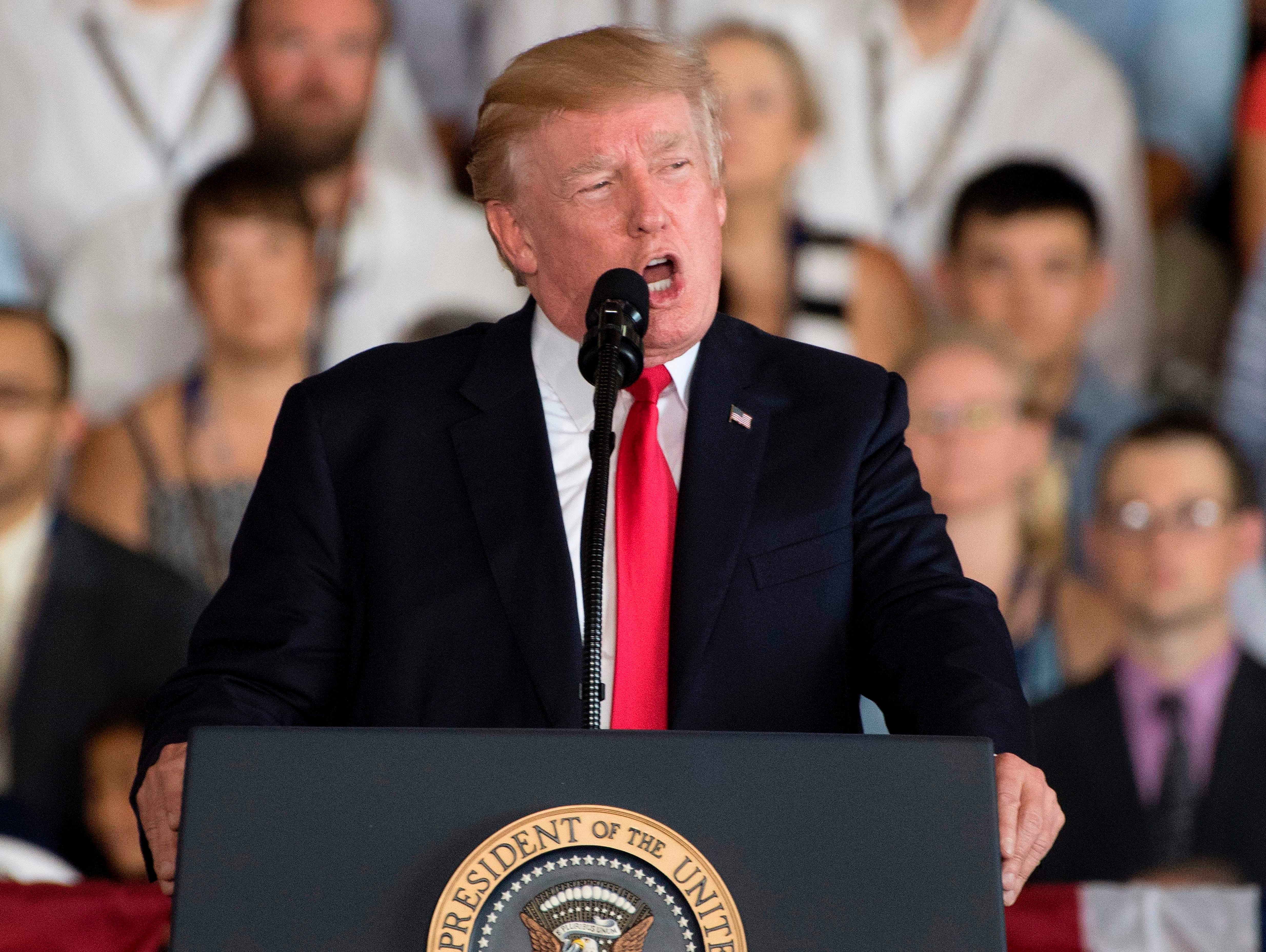 President Trump speaks during the commissioning ceremony for the USS Gerald R. Ford in Norfolk, Va., on July 22, 2017.