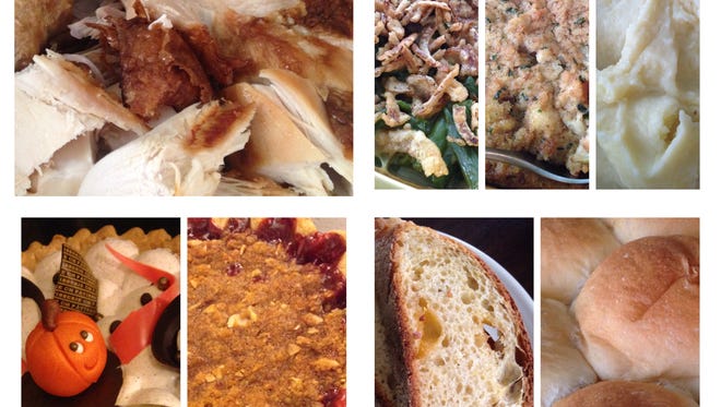 A Sioux Falls Thanksgiving (clockwise from top left): broasted turkey from Bob's Cafe, green bean casserole, dressing and scalloped corn from Hy-Vee, mashed potatoes from Cleaver's Market, rolls from Breadsmith, jalapeno cheddar cornbread from Breadico, cherry pie from Queen City Bakery and pumpkin pie from CH Patisserie.