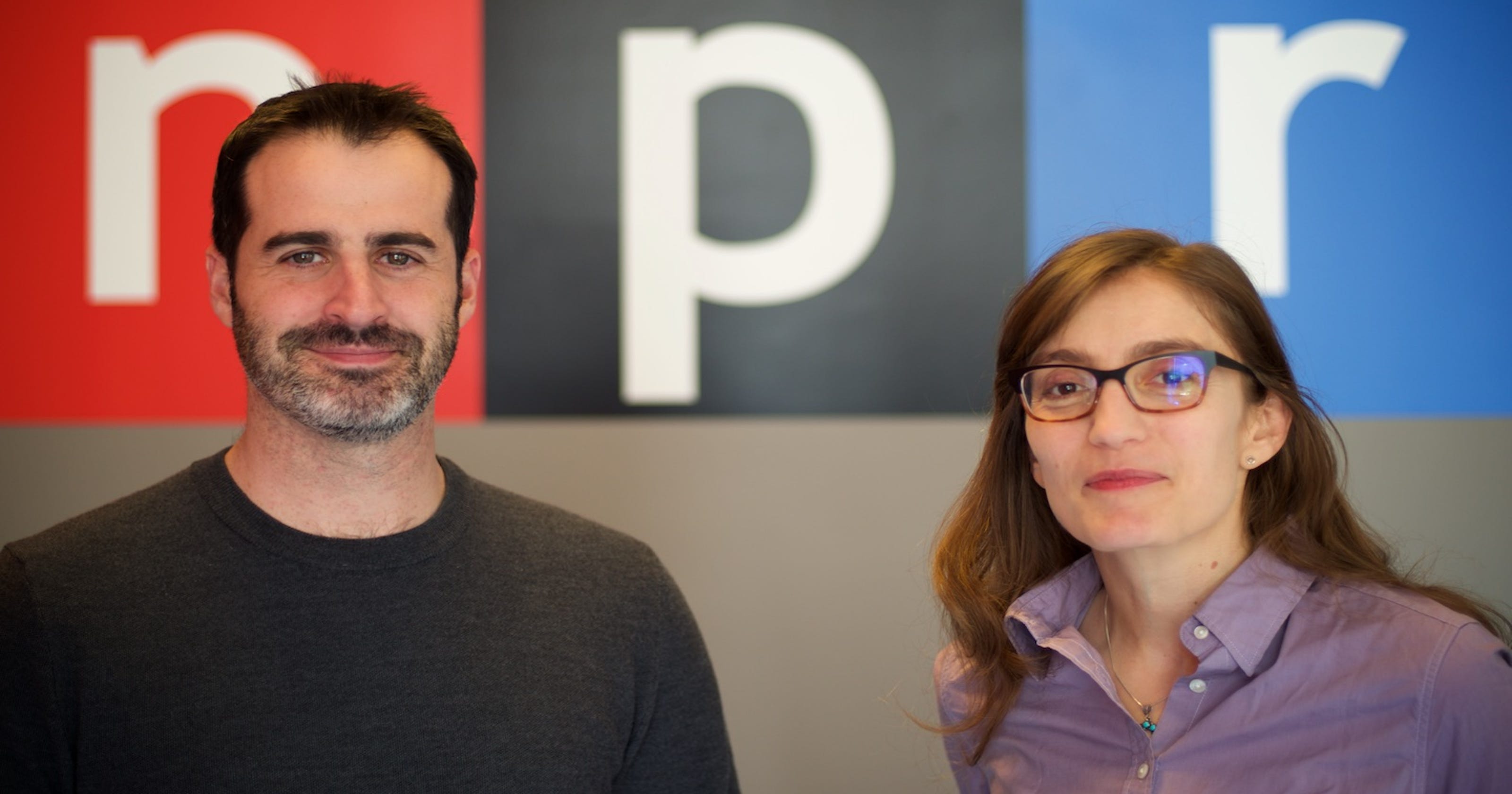 Cardiff Garcia on the left and Stacey Vanek Smith on the right in front of the NPR logo.