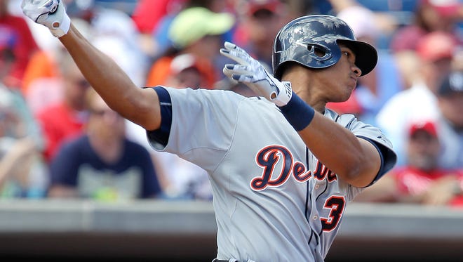Detroit Tigers left fielder Steven Moya swings and misses during the fourth inning of a spring training baseball game against the Philadelphia Phillies at Bright House Field on March 10, 2015.