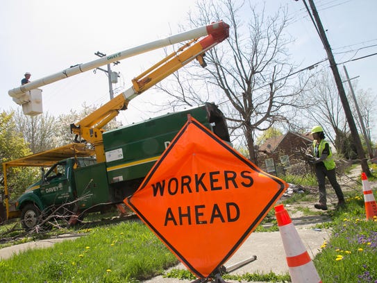 A crew from Davey works to remove tree branches from