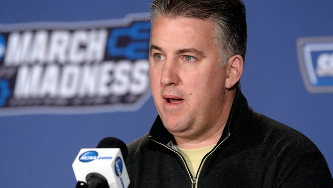 Purdue head coach Matt Painter speaks to the media during a practice day before the first round of the NCAA men's college basketball tournament at Pepsi Center.