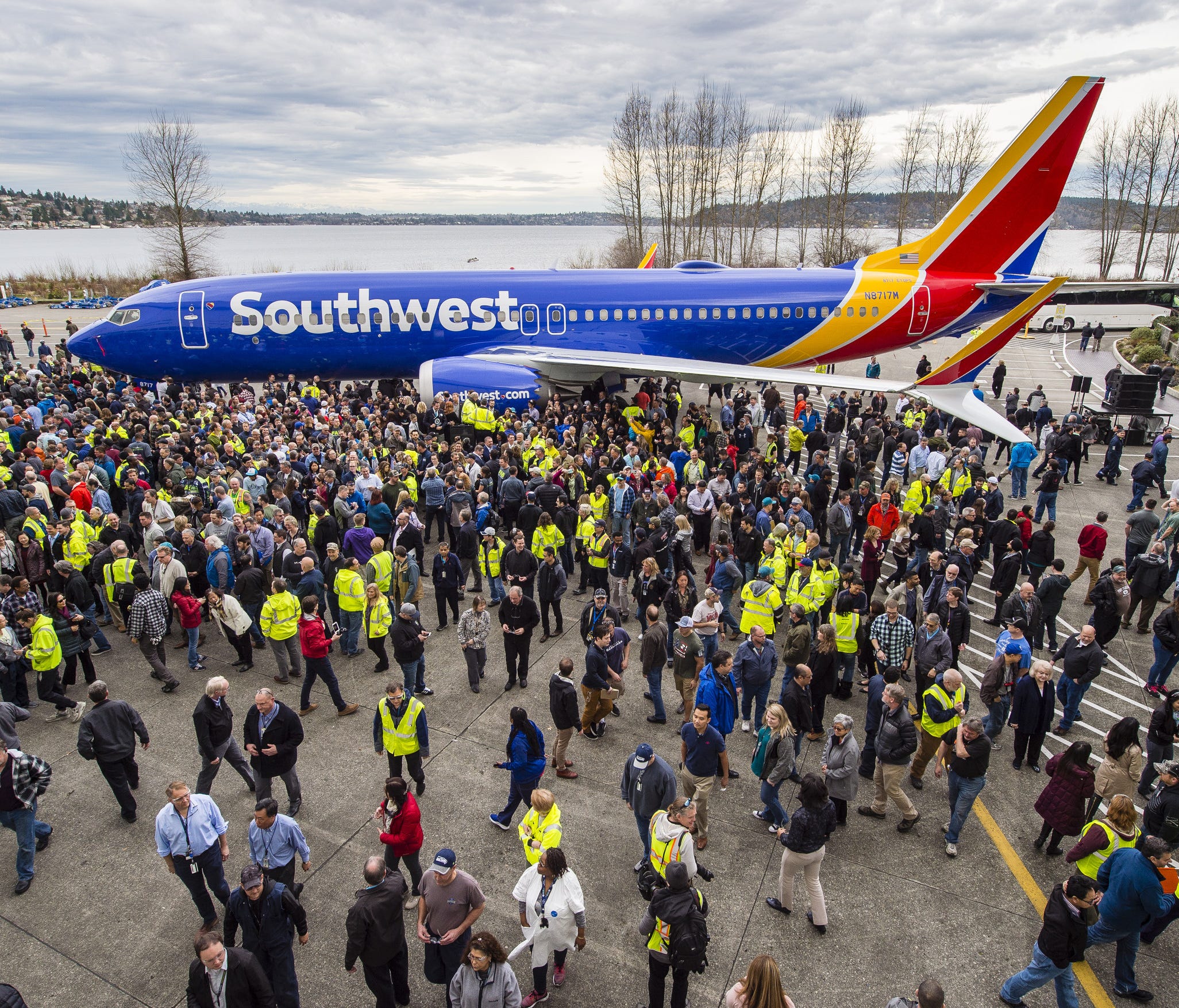 Thousands of Boeing employees at the Renton, Wash., factory celebrated the 10,000th 737 to come off the production line on Tuesday, March 13, 2018.