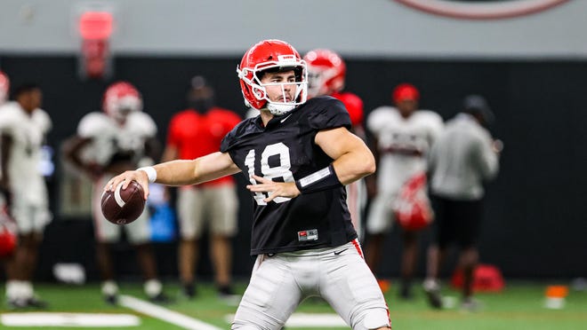 Georgia quarterback JT Daniels (18) during the Bulldogs' practice session in Athens, Ga., on Wednesday, Sept. 2, 2020.