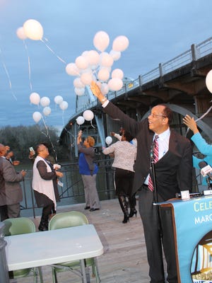 Selma Mayor George Evans joins in a balloon release after announcing plans for the inaugural “March on Selma Celebration.” Alvin Benn/Special to the Advertiser.