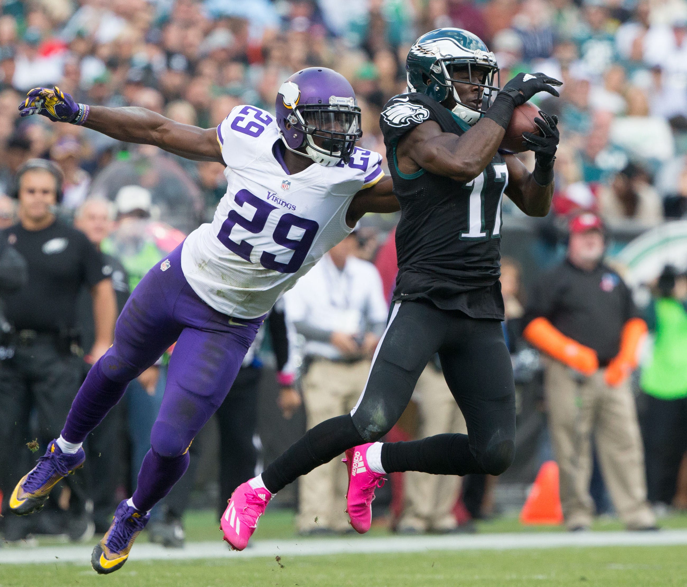 Philadelphia Eagles wide receiver Nelson Agholor (17) makes a reception past Minnesota Vikings cornerback Xavier Rhodes (29) during the first half at Lincoln Financial Field.