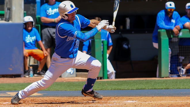 UWF's Joey Bend (24) hits an RBI single, scoring Jacob Silverstein from second base, against West Georgia on Jim Spooner Field at the University of West Florida on Saturday, March 31, 2018.