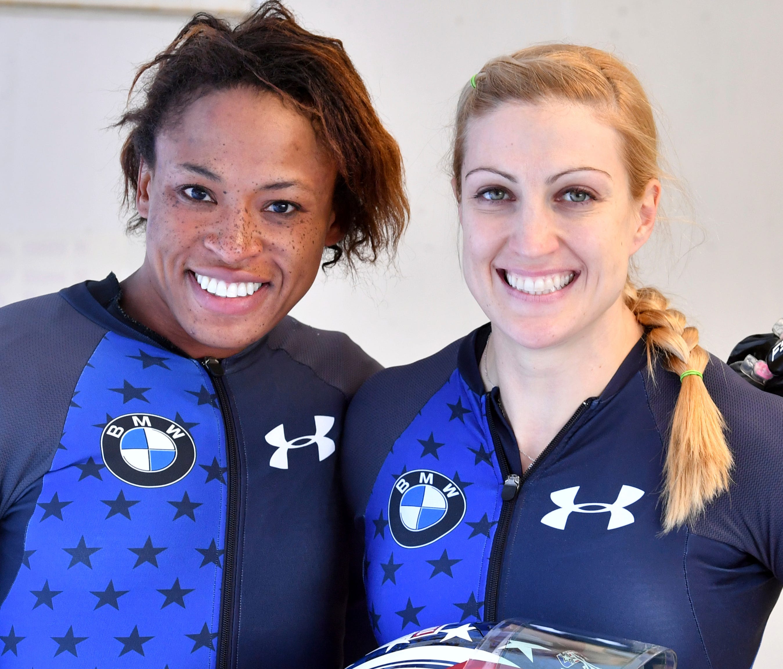 Jamie Greubel Poser, right,  and Lauren Gibbs are among those selected for the USA women's Olympic bobsled team.