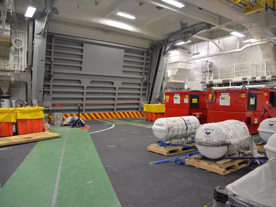 A two-section hangar door is a new feature of the Zumwalt's