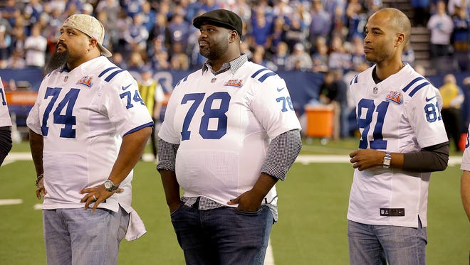 Charlie Johnson (74) Tarik Glenn (78) and TE Brian Fletcher (81) during the Colts Super Bowl XLI 10th Anniversary reunion during halftime of the Colts/Titans game Sunday, November 20, 206, afternoon at Lucas Oil Stadium.