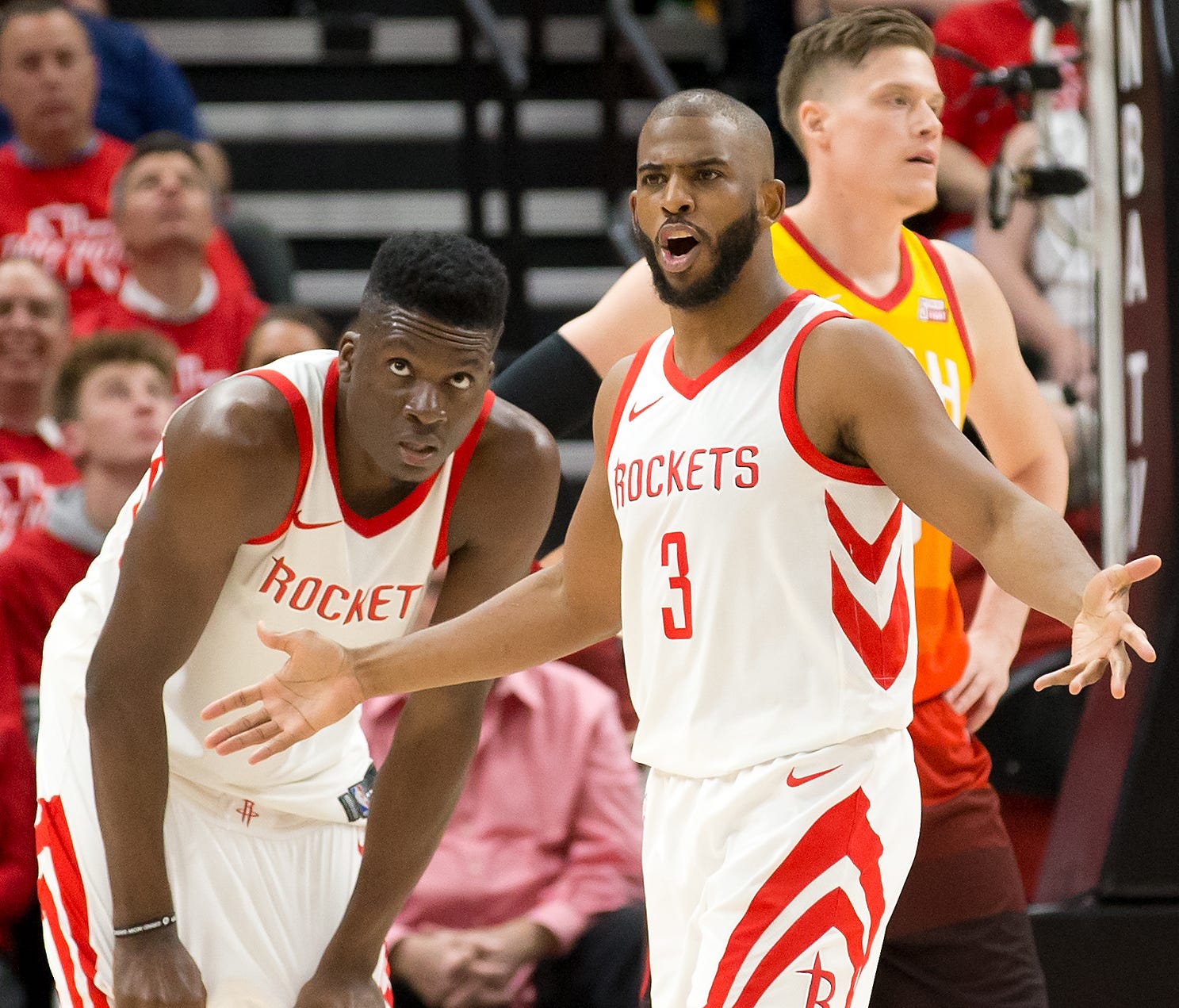 Houston Rockets guard Chris Paul reacts during the second half of Game 3 against the Utah Jazz.