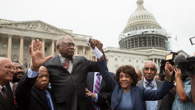 Reps. John Lewis, James Clyburn, Maxine Waters and Charles Rangel speak with supporters outside the Capitol on June 23, 2016, after Democratic House members ended their overnight House floor sit-in.