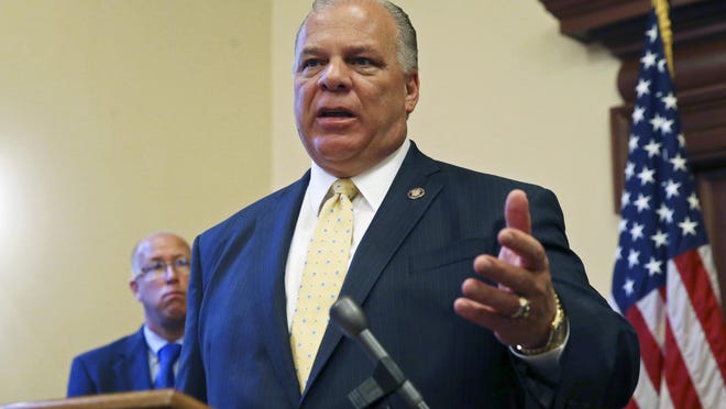New Jersey Senate President Steve Sweeney addresses a gathering of reporters at the Statehouse in Trenton in August 2016