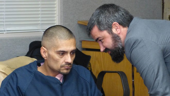 Juan Manuel Venegas confers with Redding defense attorney Michael Borges during a court session in January.