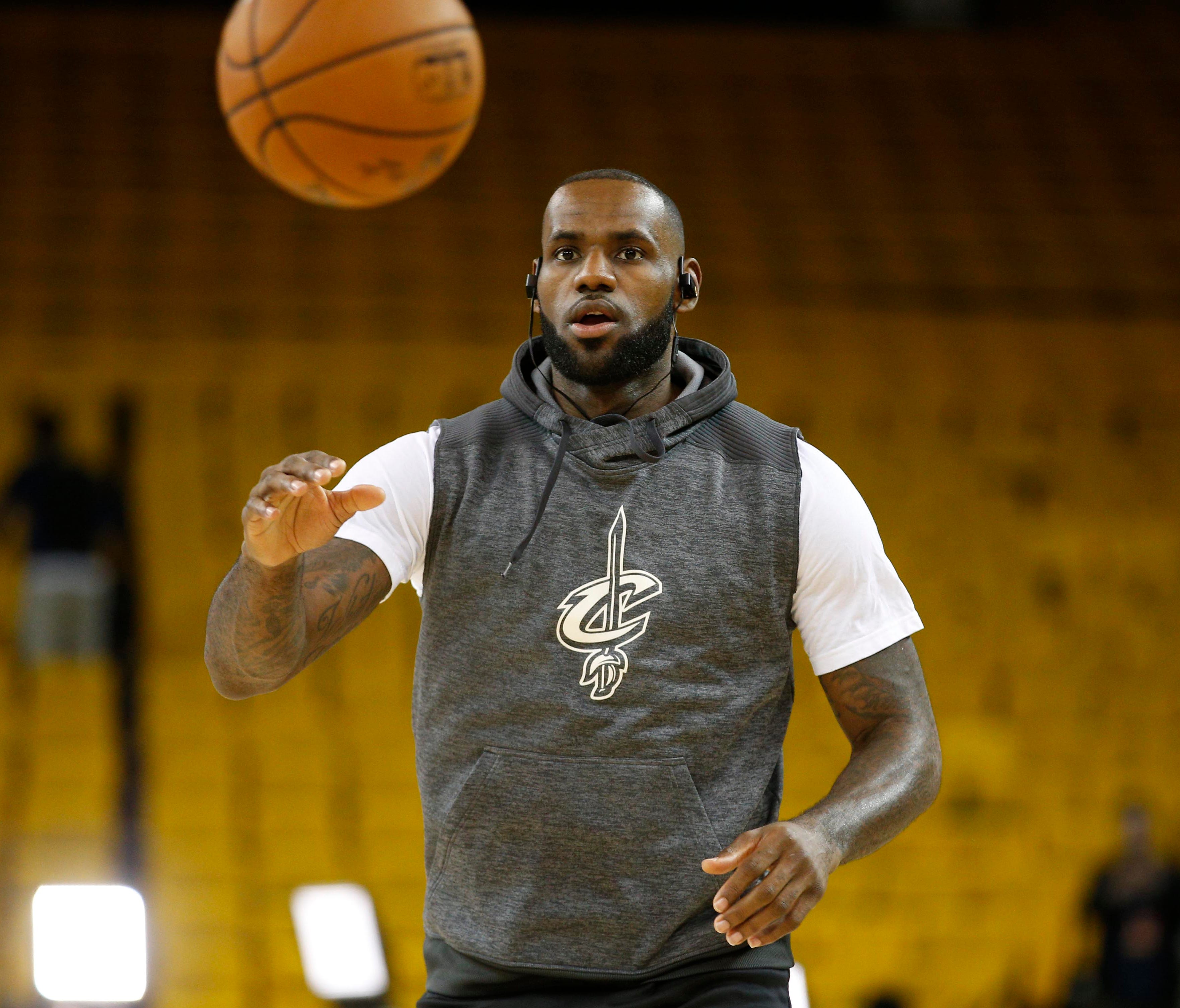 Cleveland Cavaliers forward LeBron James warms up before Game 1 of the NBA Finals.