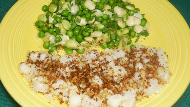 Baked Bay Scallops with Butter Beans and Peas are a quick meal with ingredients that are good to keep on hand in the freezer or pantry.