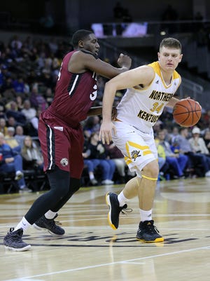 Northern Kentucky Norse forward Drew McDonald (34) rolls toward the basket in the second half during the college basketball game between the IUPUI Jaguars and the Northern Kentucky Norse, Thursday, Dec. 28, 2017, at BB&T Arena in Highland Heights, Ky. 