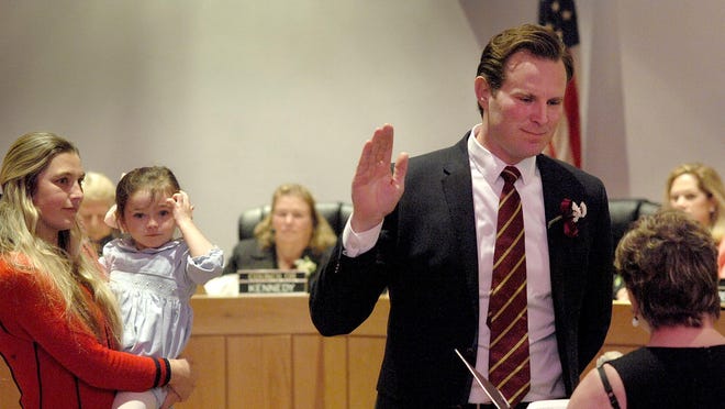 Deaglan McEachern is sworn in as a city councilor this past January at Portsmouth City Hall.