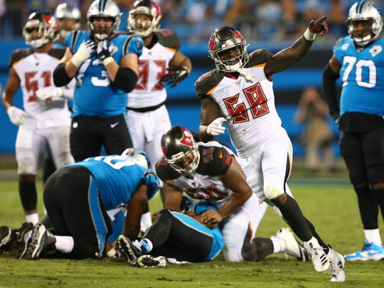 Sep 12, 2019; Charlotte, NC, USA; Tampa Bay Buccaneers linebacker Shaquil Barrett (58) celebrates after a sack against the Carolina Panthers in the fourth quarter at Bank of America Stadium. Mandatory Credit: Jeremy Brevard-USA TODAY Sports