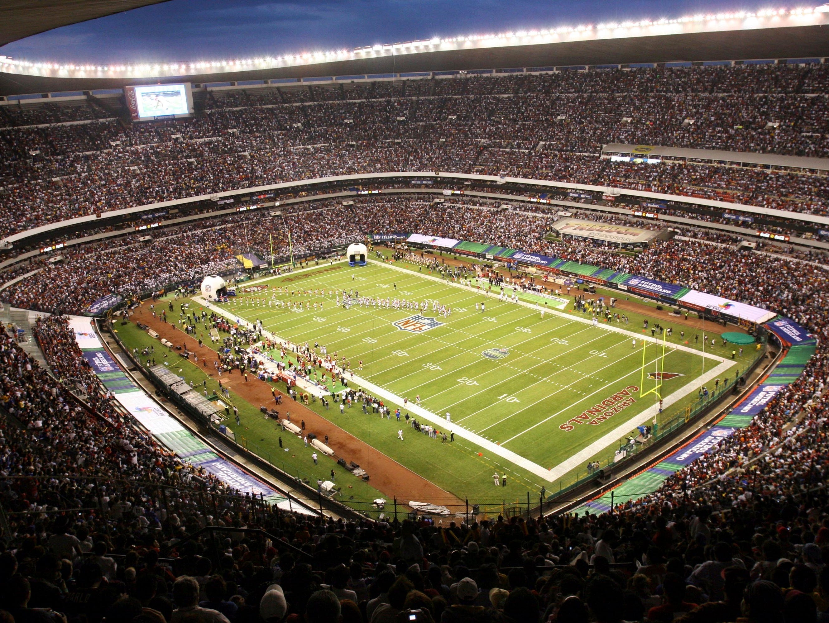 In this Oct. 2, 2005, file photo, Azteca Stadium in Mexico City, Mexico is shown prior to the start of a regular season NFL game between the Arizona Cardinals and San Francisco 49ers. Eleven years after the network telecast an NFL game from Mexico Ci