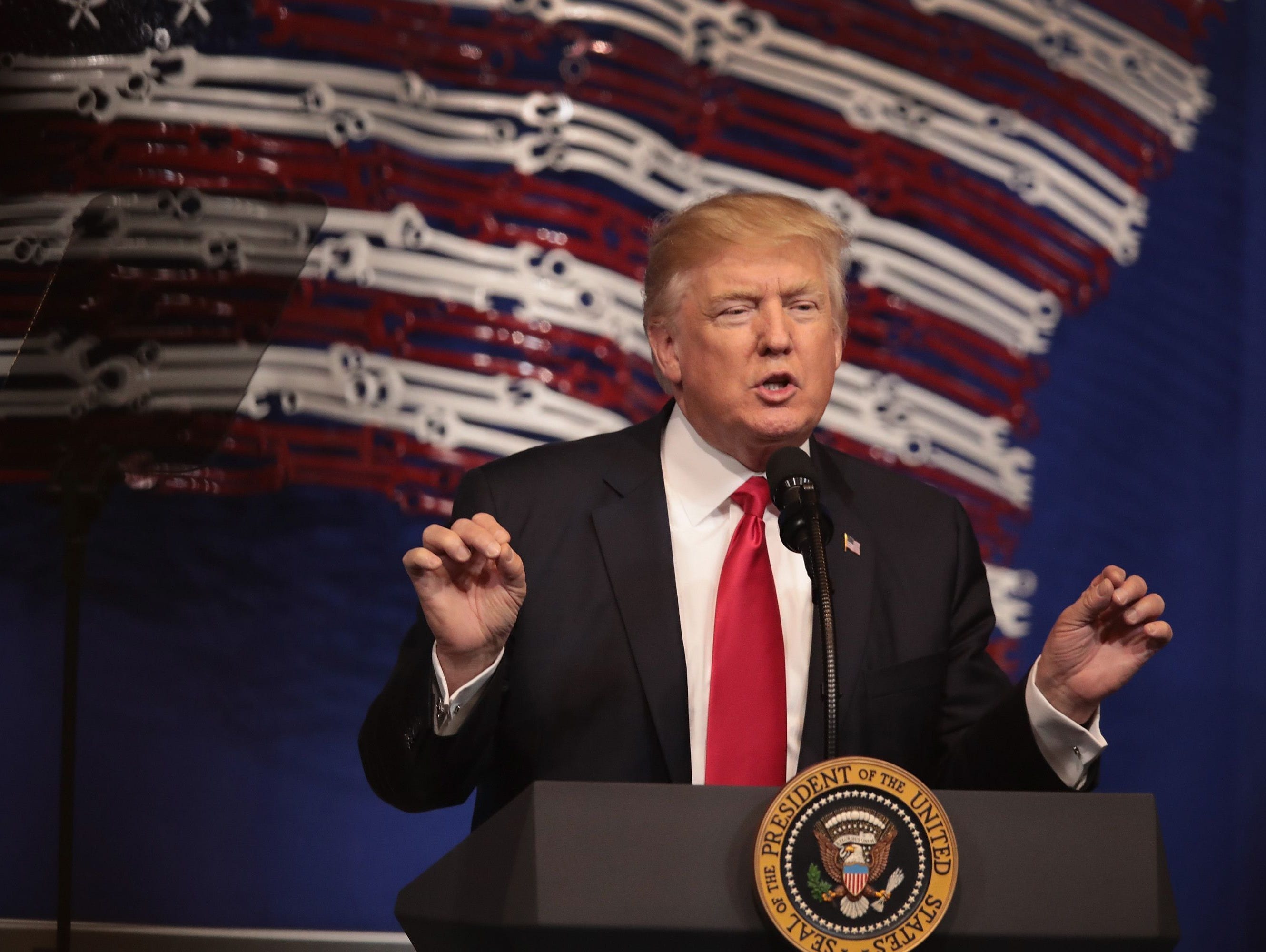 President Trump speaks to workers at the headquarters of tool manufacturer Snap-On on April 18, 2017 in Kenosha, Wis.