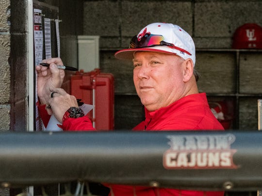 UL head baseball coach Tony Robichaux is shown in the dugout during a game at Russo Park in March 2018.