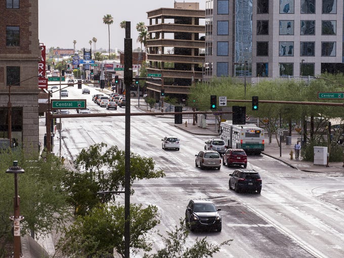 Rain falls downtown on July 10, 2018, in Phoenix.