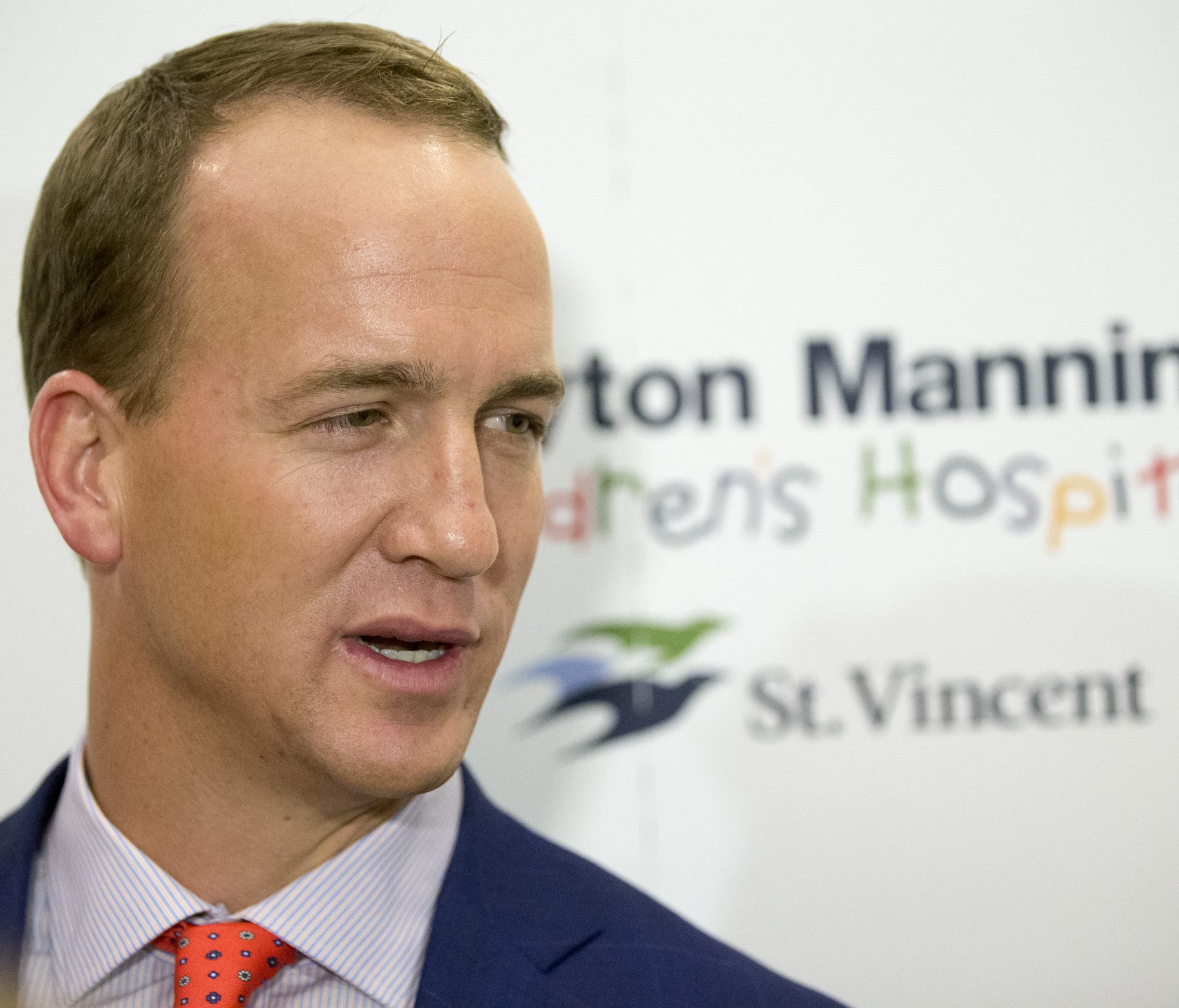 Peyton Manning talks with media before the evening's Peyton Manning Children's Hospital at St. Vincent Fundraising Gala on May 8, 2015.