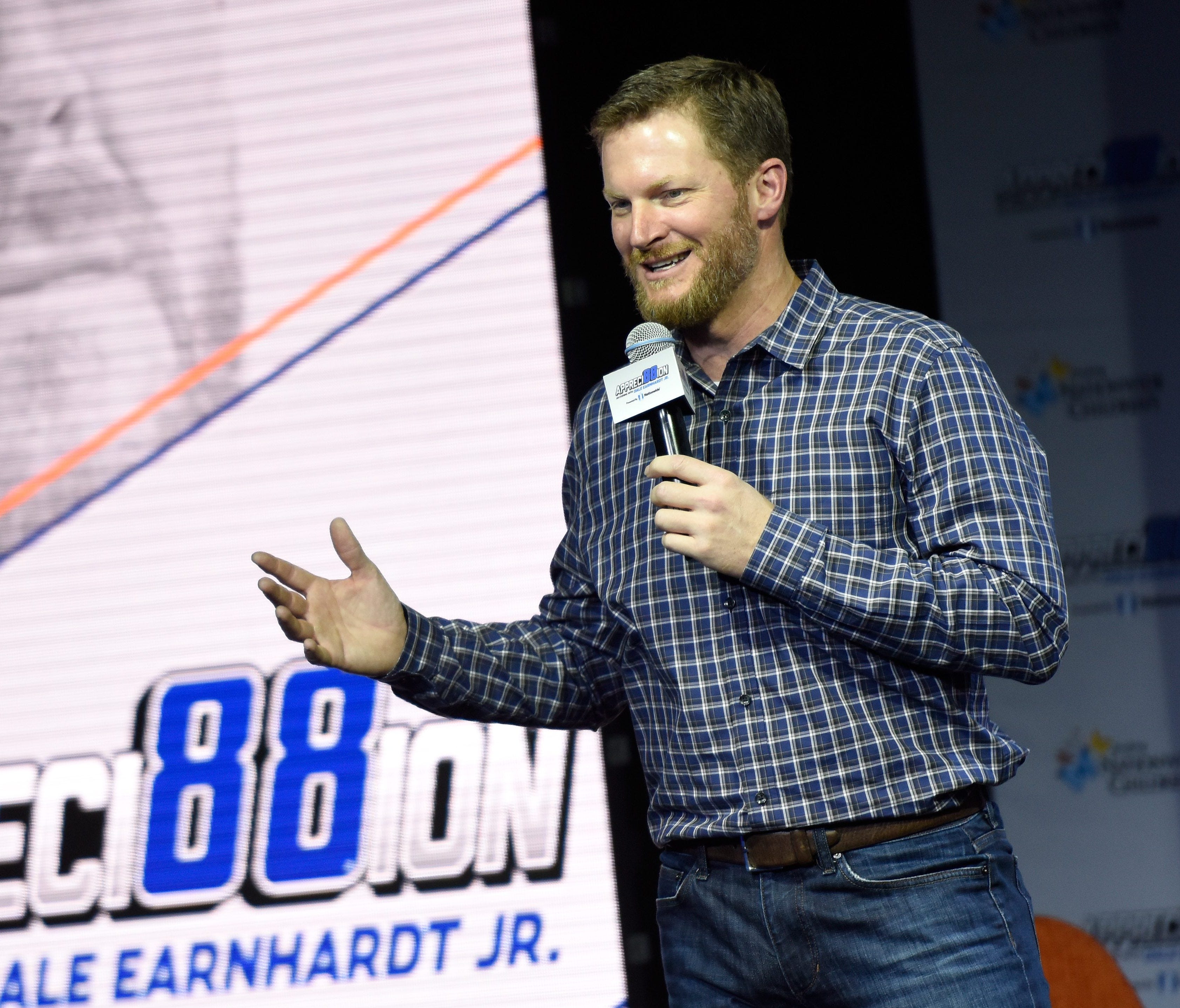 LAS VEGAS, NV - NOVEMBER 28:  Dale Earnhardt Jr. talks on stage during Appreci88ion, An Evening With Dale Earnhardt Jr. Presented By Nationwide at The Cosmopolitan of Las Vegas on November 28, 2017 in Las Vegas, Nevada.  (Photo by Jared C. Tilton/Get
