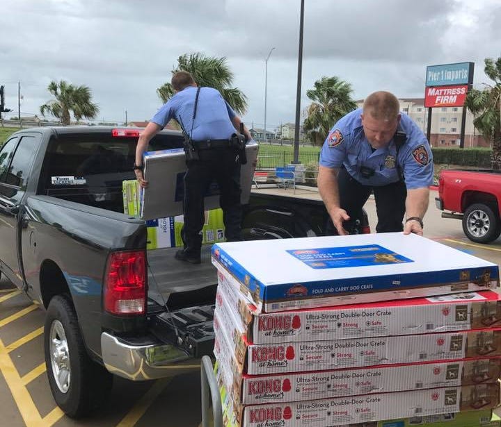 Police officers from Galveston, Texas, help the Humane Society of the United States unload crates to be used for pets displaced by Hurricane Harvey. The HSUS bought out an entire pet store's worth of crates for the effort.