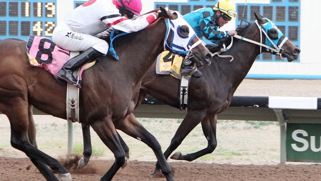 Vocally (inside), ridden by Norberto Arroyo Jr., holds off the late rally of Roll On Marquee and jockey Alejandro Medellin to win today's $44,800 C.O. Ken Kendrick Memorial Stakes at SunRay Park and Casino in Farmington.