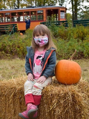 Alice Moulton, 3, picks out a pumpkin at Seashore Trolley Museum's Annual Pumpkin Patch Trolley event on Oct. 10.