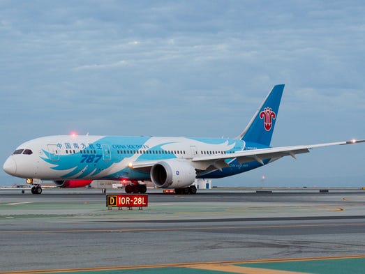A China Southern Boeing 787 Dreamliner taxiies to a