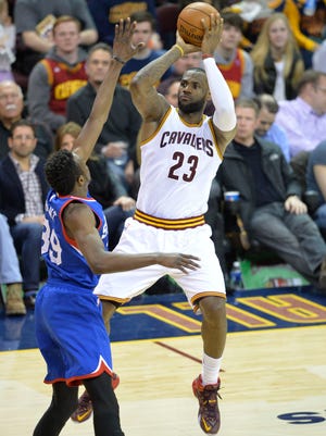 Cleveland Cavaliers forward LeBron James (23) shoots against Philadelphia 76ers forward Jerami Grant (39) in Sunday's game.