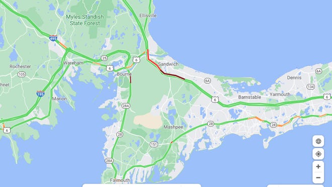 Traffic slows down near Exit 3 on Route 6 westbound in this Google map from about 2 p.m. on Monday.