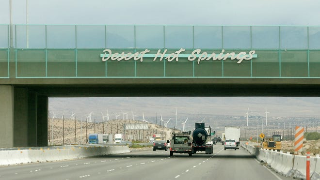 The Desert Hot Springs sign on the Gene Autry/Palm Drive overpass on Interstate 10.